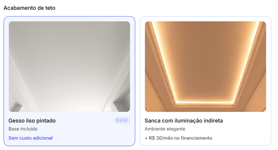 Opções de acabamento de teto