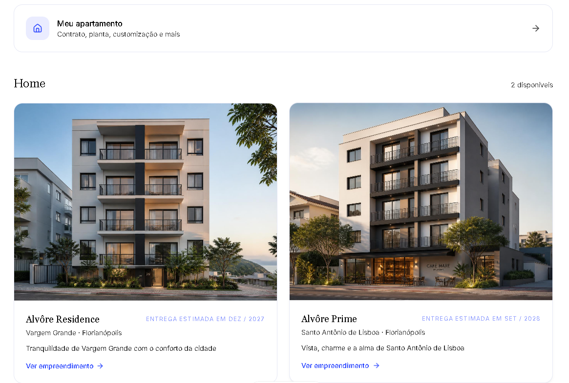Tela de empreendimentos no app Alvôre Connect